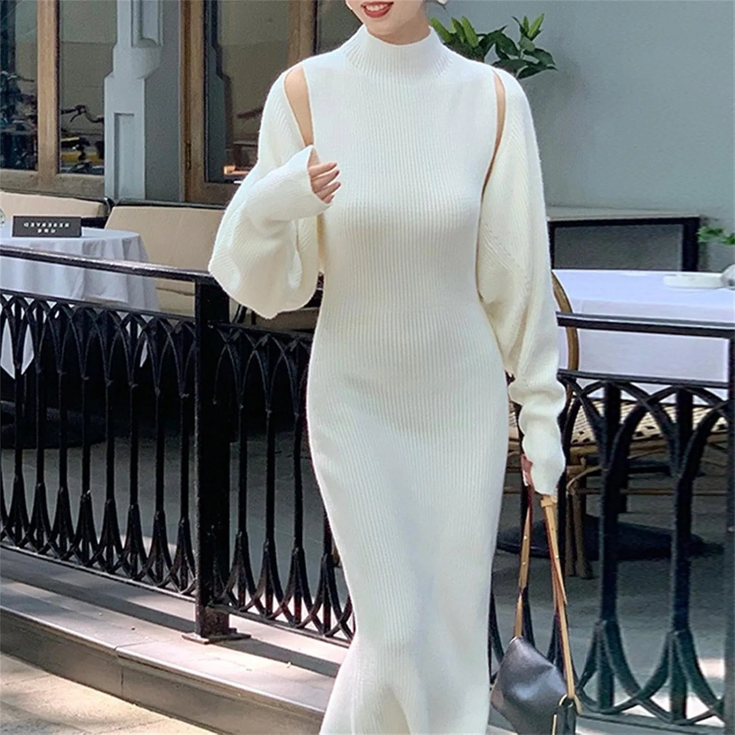 Женский комплект из платья-макси и кардигана, Rib Knit, белый — фото 4