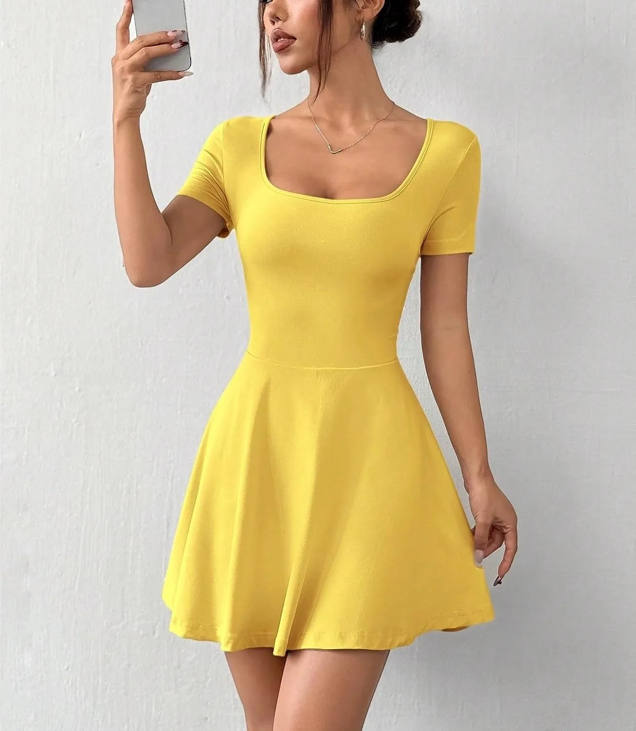 Женское мини-платье A-силуэта с квадратным вырезом, Yellow — фото 3