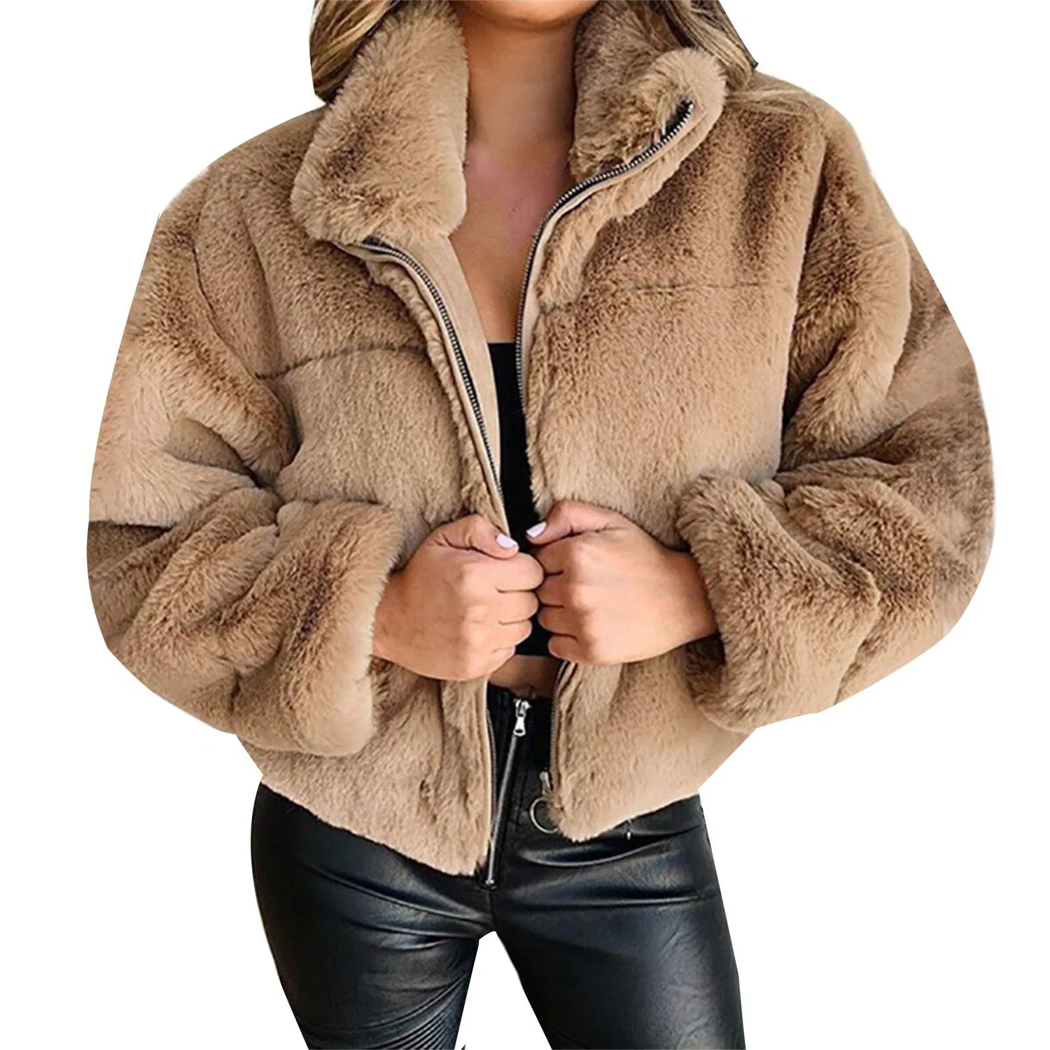 Женская куртка из искусственного меха с длинным рукавом Oversized Y2K, dark khaki — фото 2
