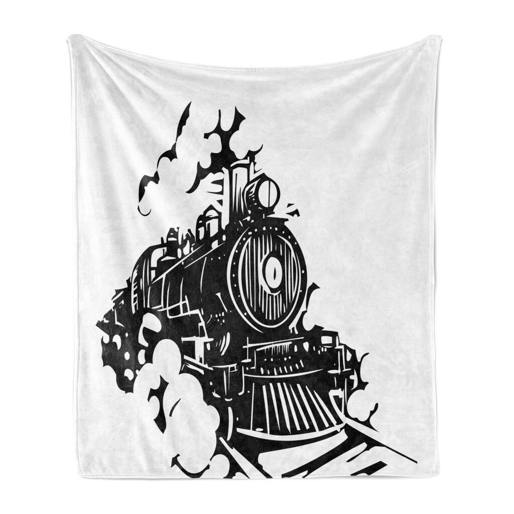 

Мягкое фланелевое флисовое одеяло ABAKUHAUS Train, железнодорожный локомотив, гравюра на дереве, уютный плюш для использования внутри и снаружи, 125 x 175 см, угольно-серый и белый
