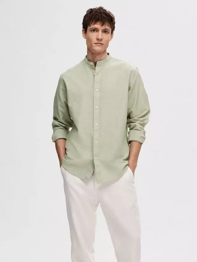 

Рубашка SELECTED HOMME Band Collar Linen Cotton Blend, цвет vetiver