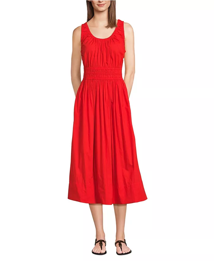 

Женское платье миди из поплина без рукавов со сборками Lands' End, красный