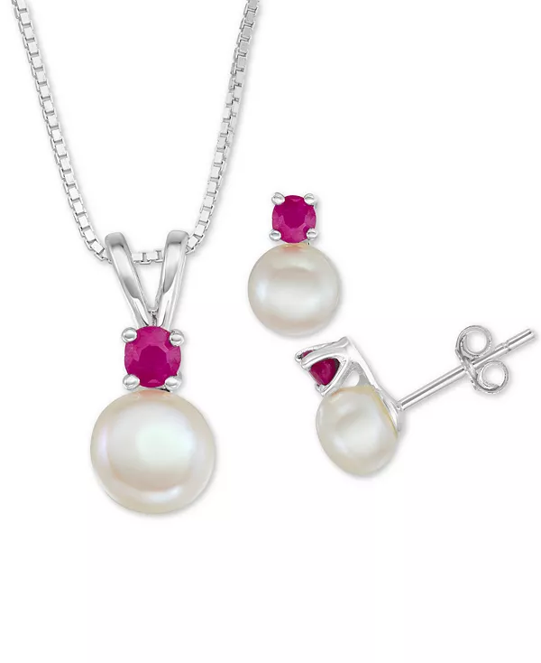 

Ожерелье с подвеской 18 дюймов и серьги-гвоздики из стерлингового серебра с культивированным пресноводным жемчугом (6–7 мм) и сапфиром (1/2 карата) Macy'S, ruby