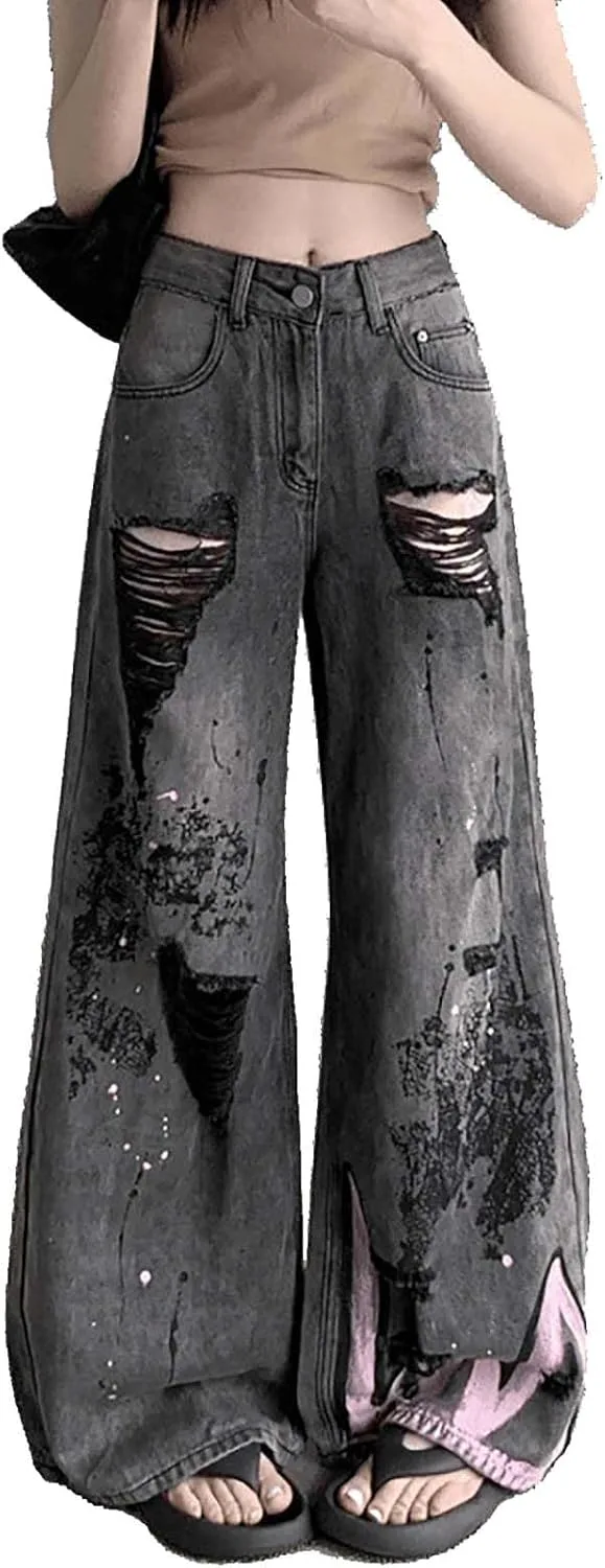 

Женские рваные джинсы baggy Y2K wide-leg в стиле ретро с принтом graffiti jupkem