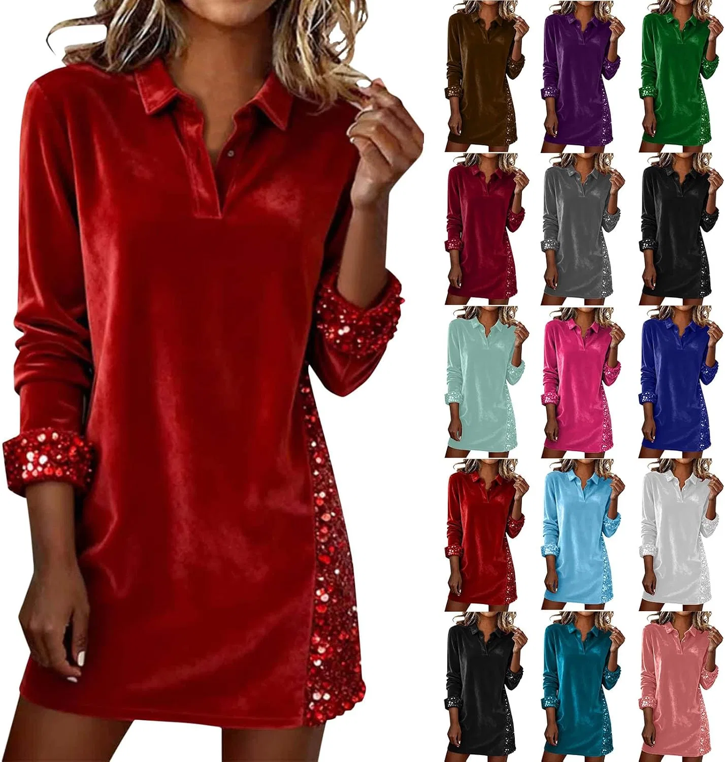 Женское платье из вельвета с пайетками, Long Sleeve, Red