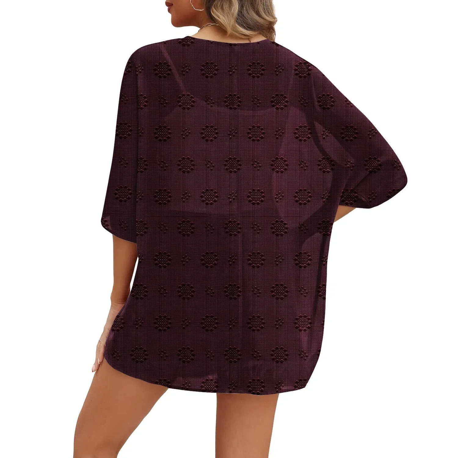 Женский легкий кардиган с рукавом 3/4 Elegant Button Down, Wine 2 — фото 4