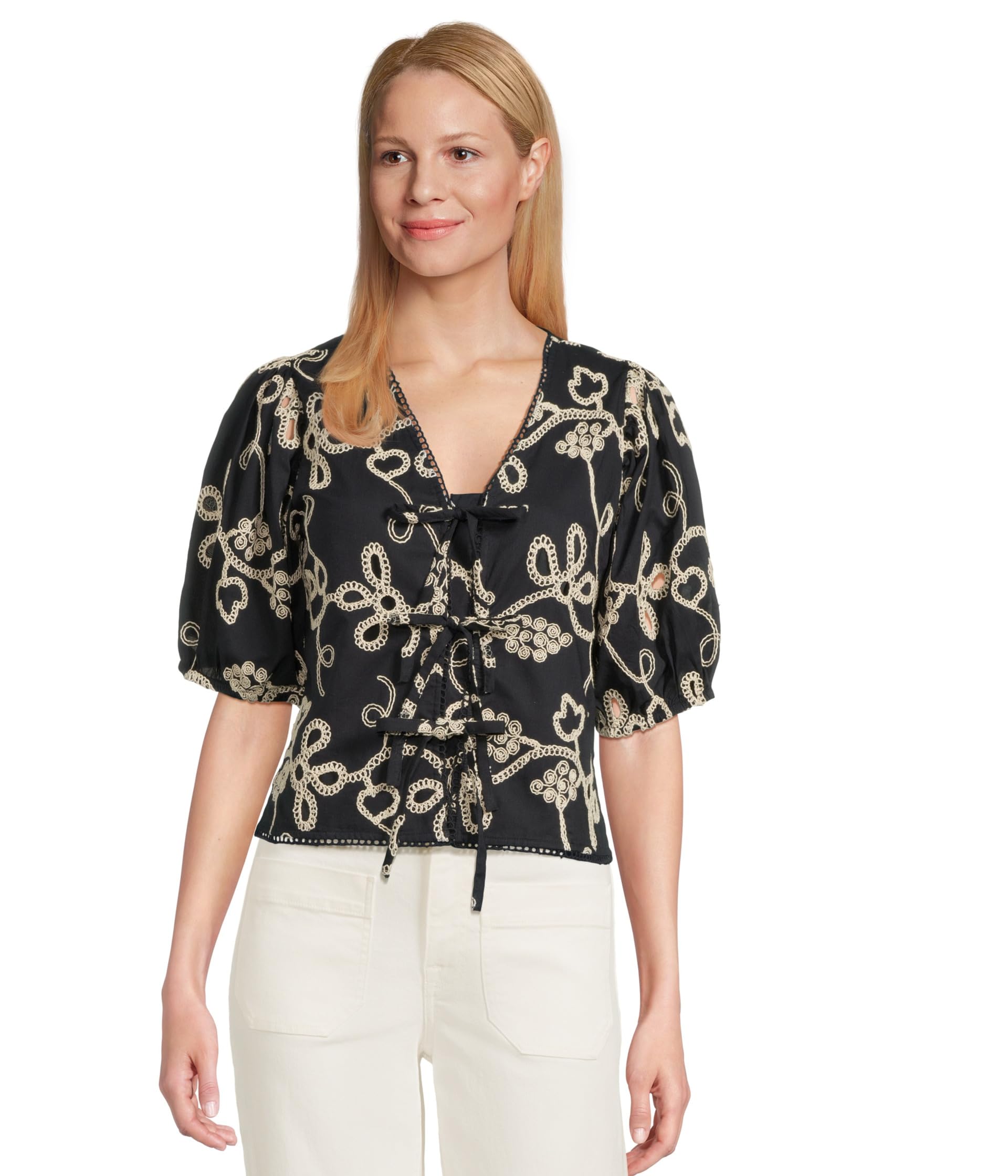 

Топ CeCe Embrodiery Short Sleeve Open Tie Front Top, Night Shade