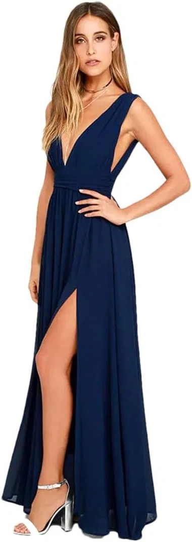 Женское макси-платье с V-образным вырезом и разрезом, Navy Blue
