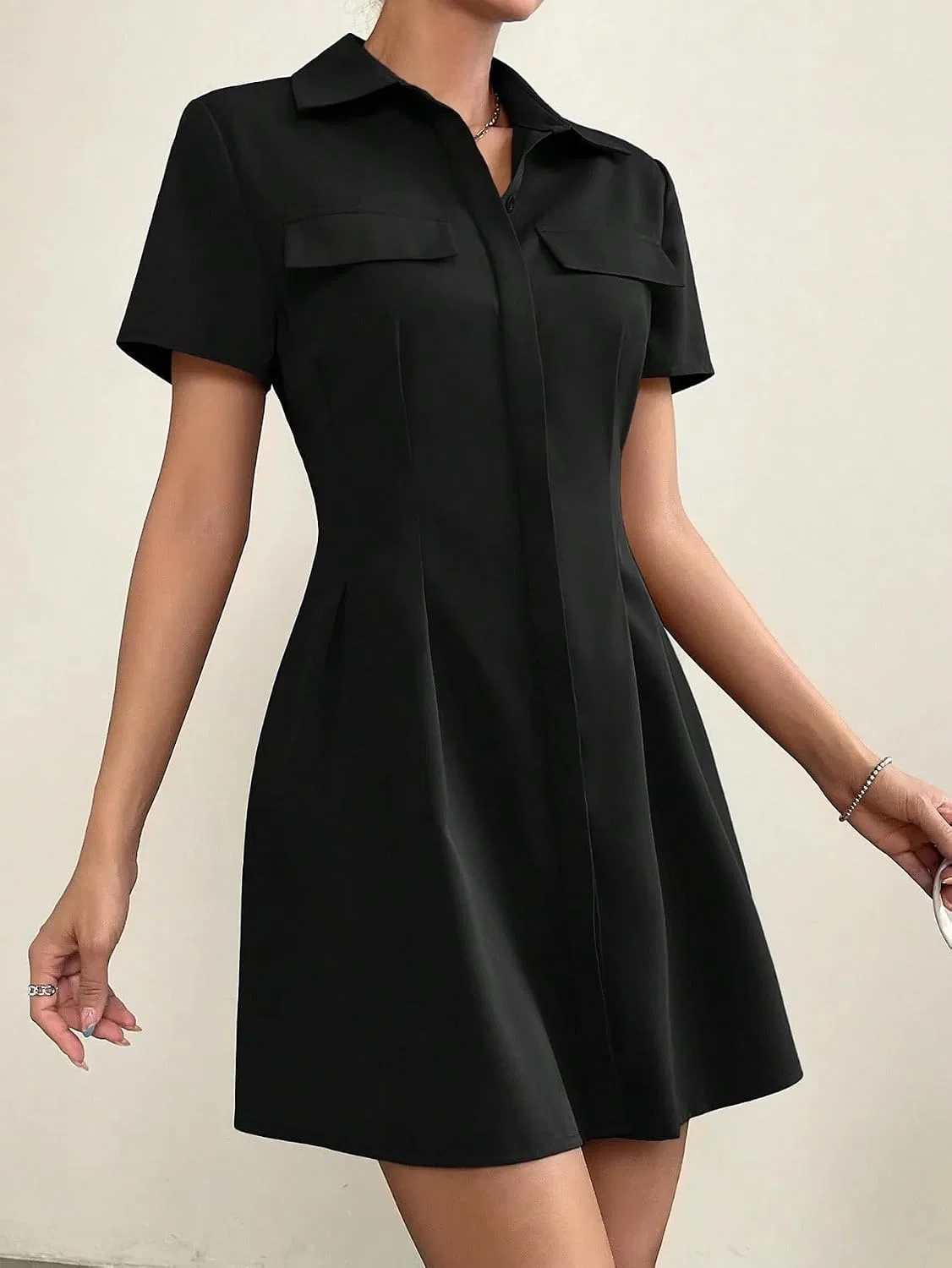 Женское повседневное платье-рубашка с карманами Flared Pleated, Black — фото 3