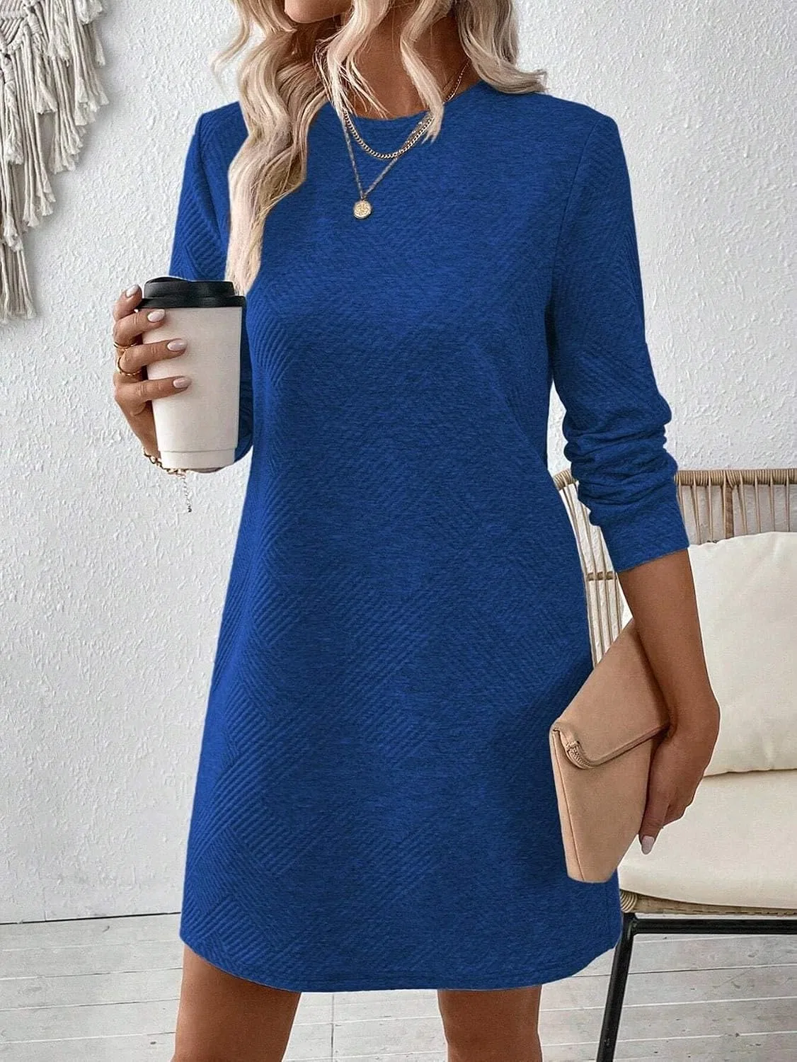 Женское повседневное платье с длинным рукавом из трикотажа Yuchenda, Blue — фото 4