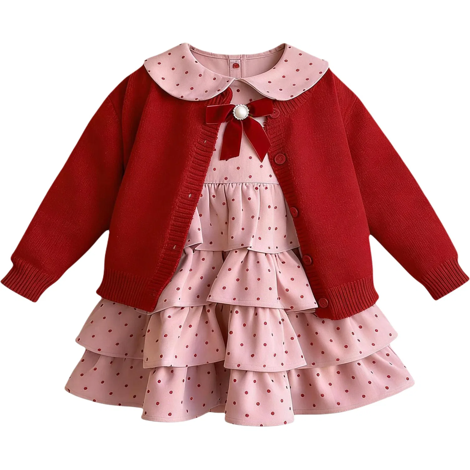 Детский комплект для девочек с юбкой-трапецией Lanza, Pink Tiered Skirt+Red Cardigan