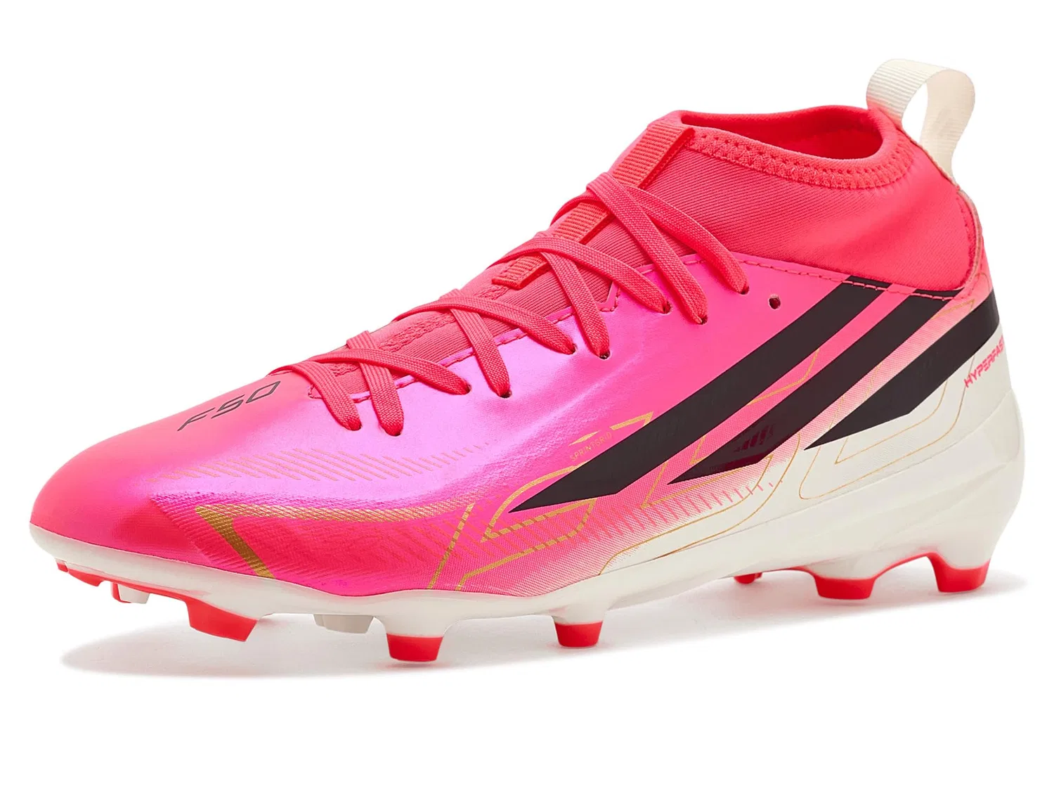 Бутсы F50 Hyperfast League Mid Firm Ground (для малышей, маленьких и больших детей) Adidas Kids, Solar Turbo/Core Black/Gold Metallic
