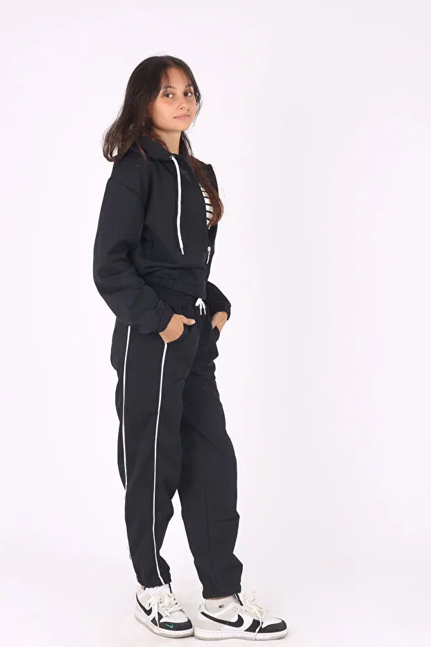 Детский комплект спортивного костюма для девочек 2-Piece zippered hooded crop jacket and ribbed bottom girls' tracksuit set Armicem, Black — фото 2
