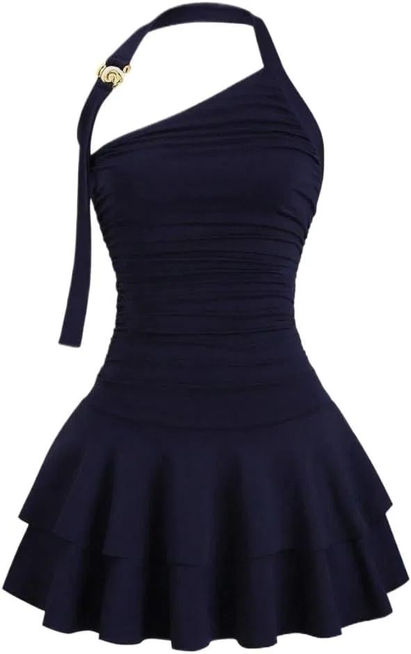 Женское повседневное платье без спинки A-line с металлической талией, Navy Blue