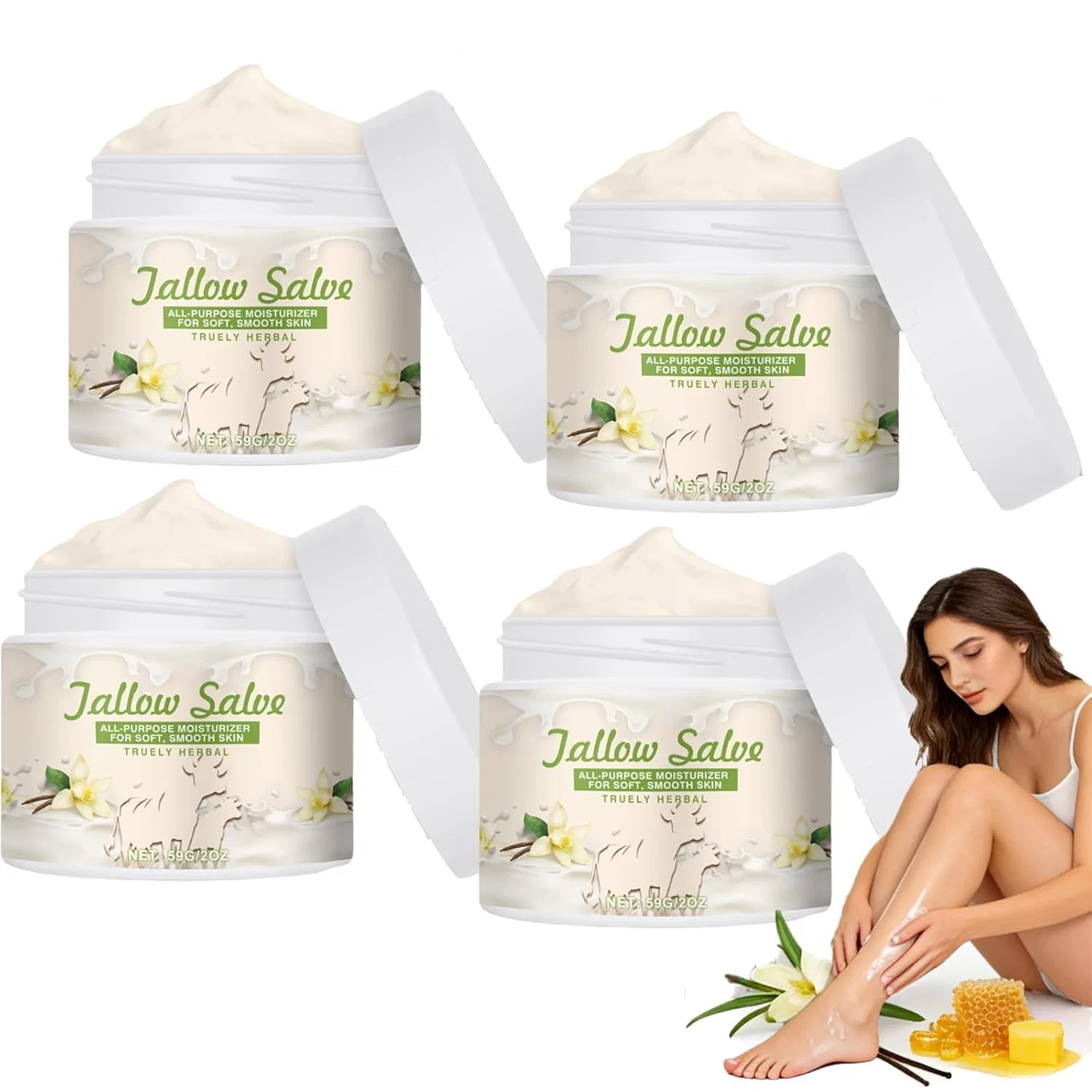 Крем для лица и тела Beef Tallow Vanilla Cream, Raevior, набор 4 шт, 59 г
