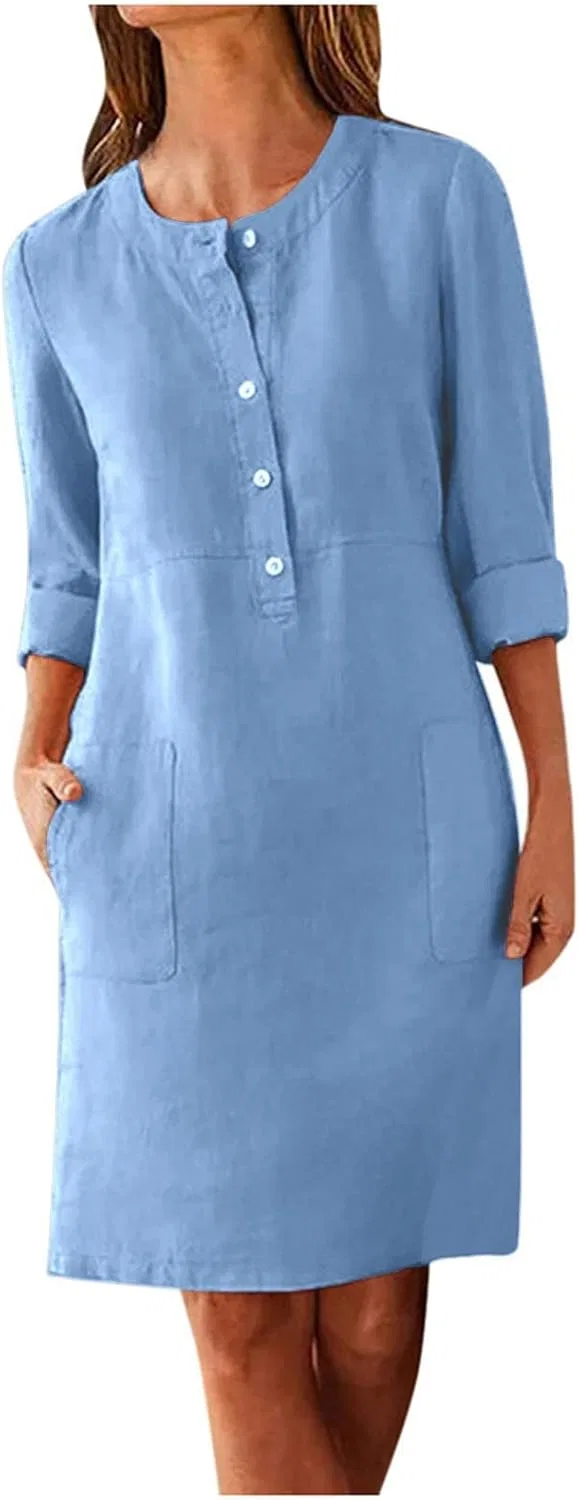 Женское платье-туника с длинным рукавом и карманами Cotton Linen, Blue