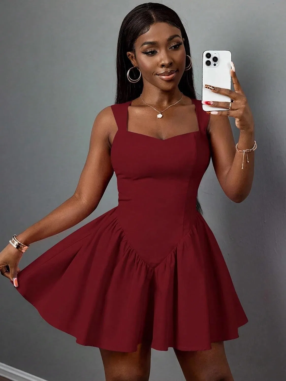 Женское повседневное мини-платье с открытой спиной, Heart-Neck, Burgundy — фото 4