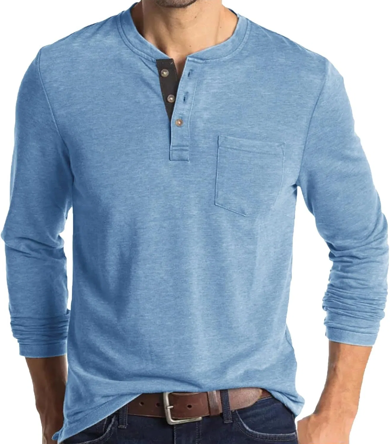 Мужская классическая хенли футболка с длинным рукавом, Light Blue