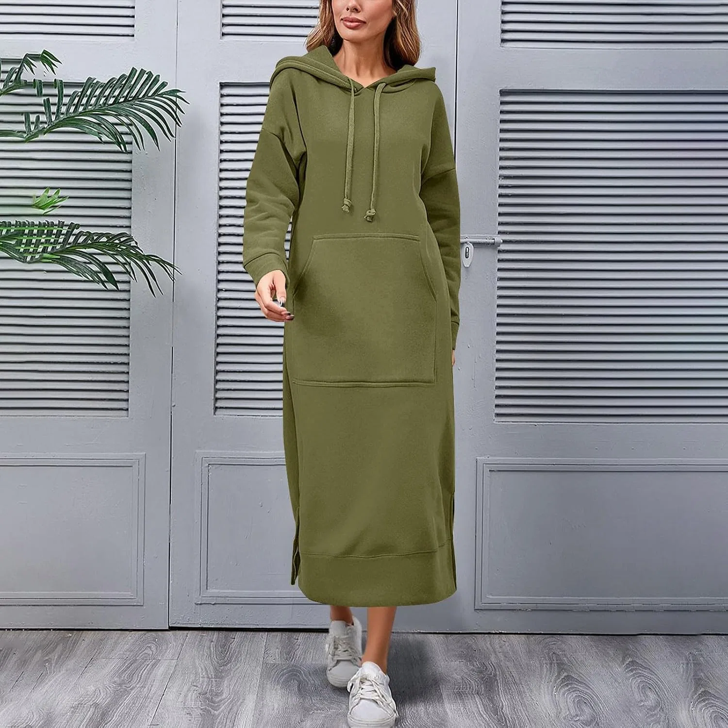 Женское длинное худи-платье с карманом Smxrfitk, Army Green — фото 4