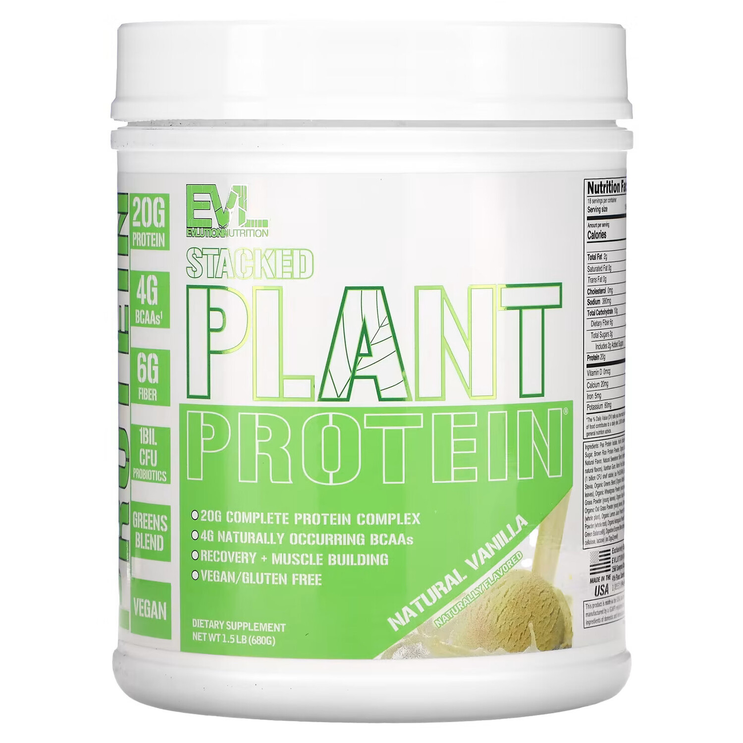 

EVLution Nutrition, Stacked Plant Protein, натуральная ваниль, 670 г (1,5 фунта)