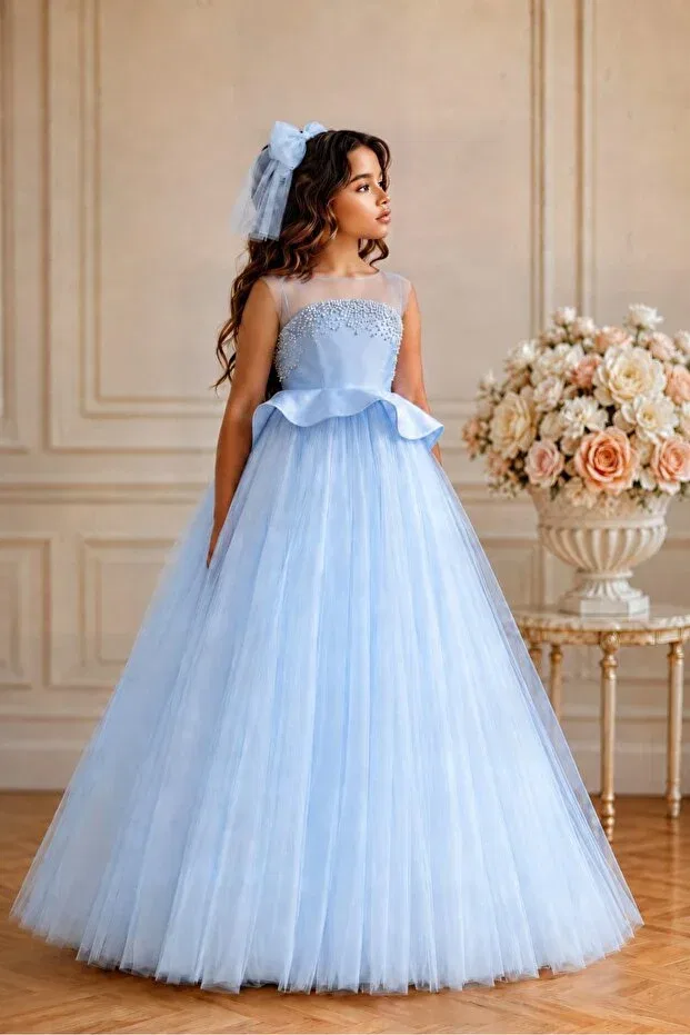 Детское платье для девочек с принтом Girl'S Pearls Tulle Evening Dress By Feyza Kids Collection, Blue