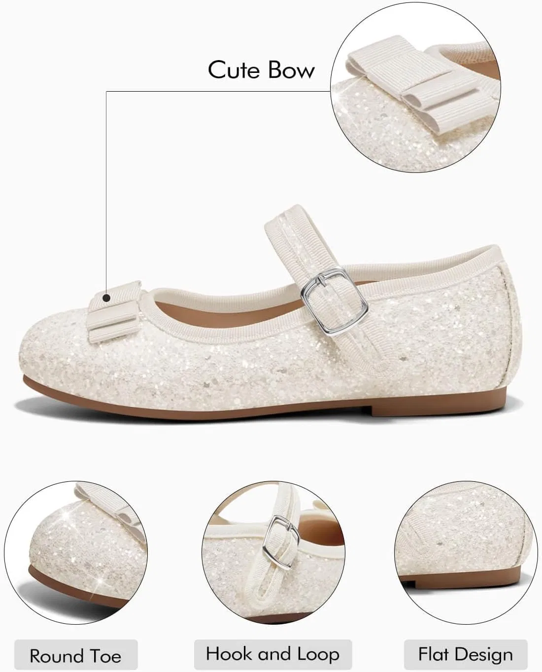 Детские балетки для девочек с бантом Coutgo, White Glitter — фото 4