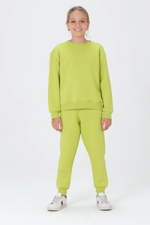 Детский комплект спортивного костюма для девочек с принтом Crew neck print detailed fleece-lined girls' tracksuit set Black One, Pistachy Green