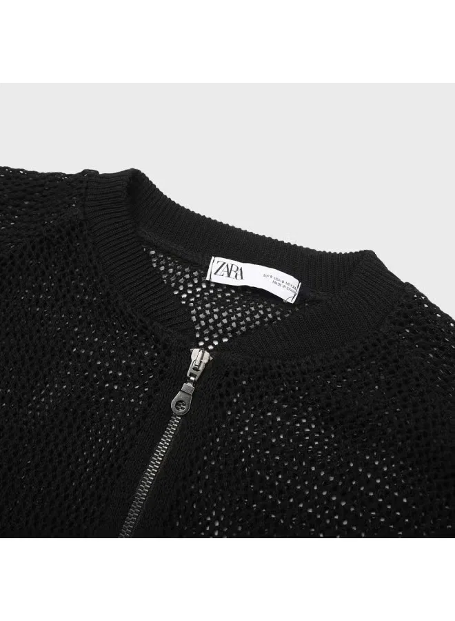 Кардиган вязаный с ажурным узором Zara, черный — фото 4