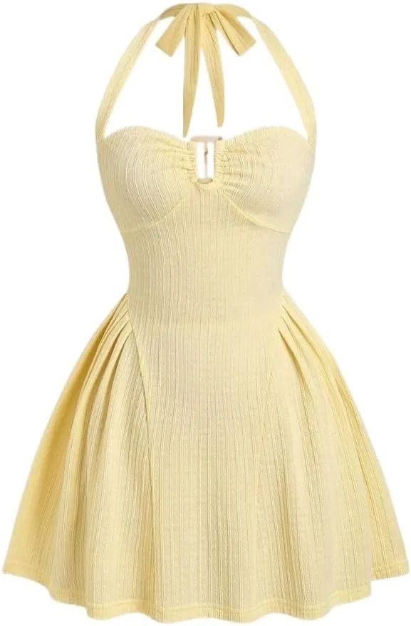 Женское повседневное мини-платье с открытой спиной Halter A-Line, Yellow