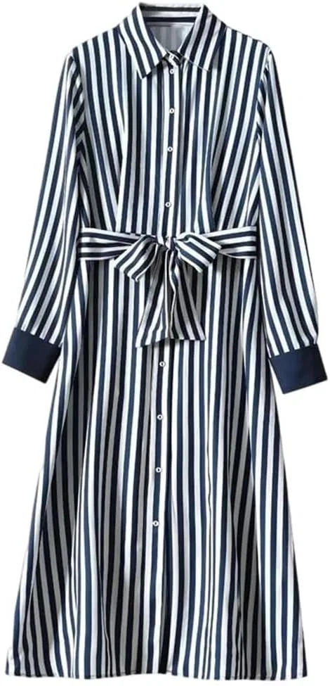 Женское офисное платье в полоску с поясом A-line, Blue