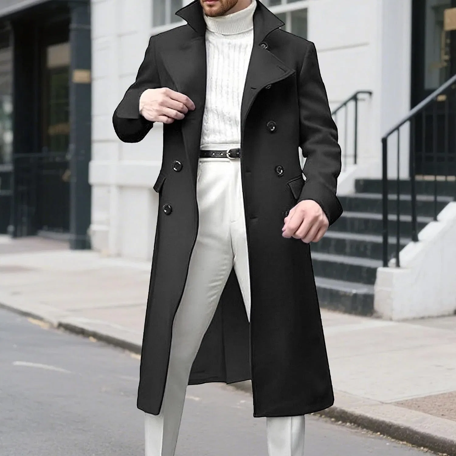 Мужское пальто-тренч с двубортной застежкой, slim fit, чёрный — фото 3