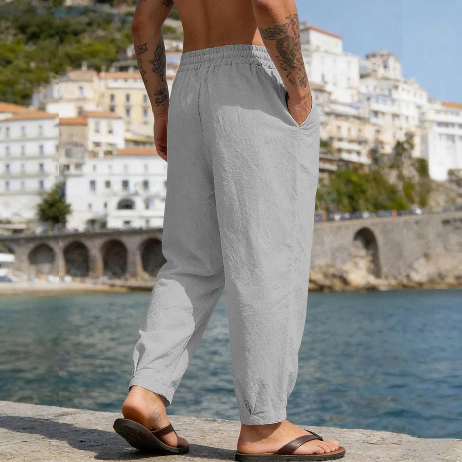 Мужские хлопковые льняные брюки с эластичной талией, Gray Linen Pants Men — фото 3