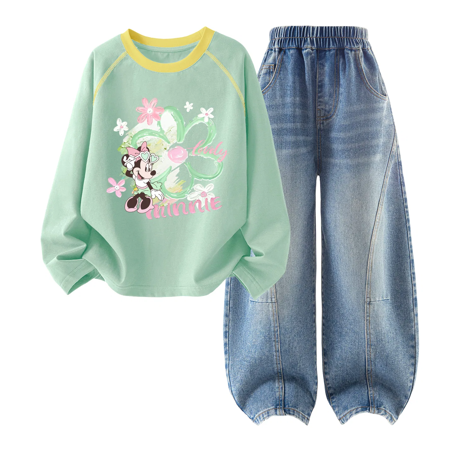 Детский спортивный костюм с принтом Disney, Цвет Diy Garden Spring Sprout Green + Solid Color Denim Light Blue