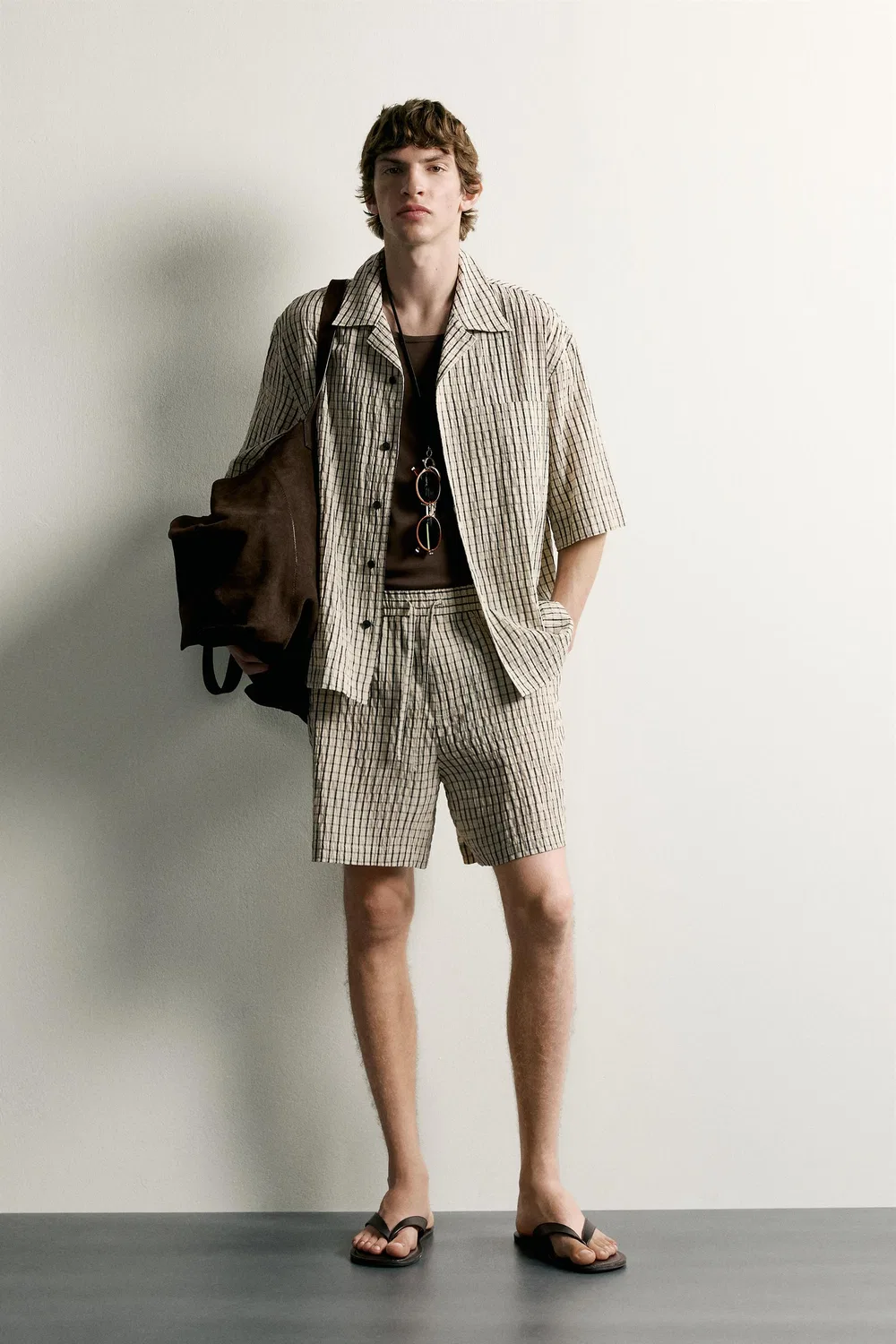 Рубашка в клетку свободного кроя ZARA, Light beige