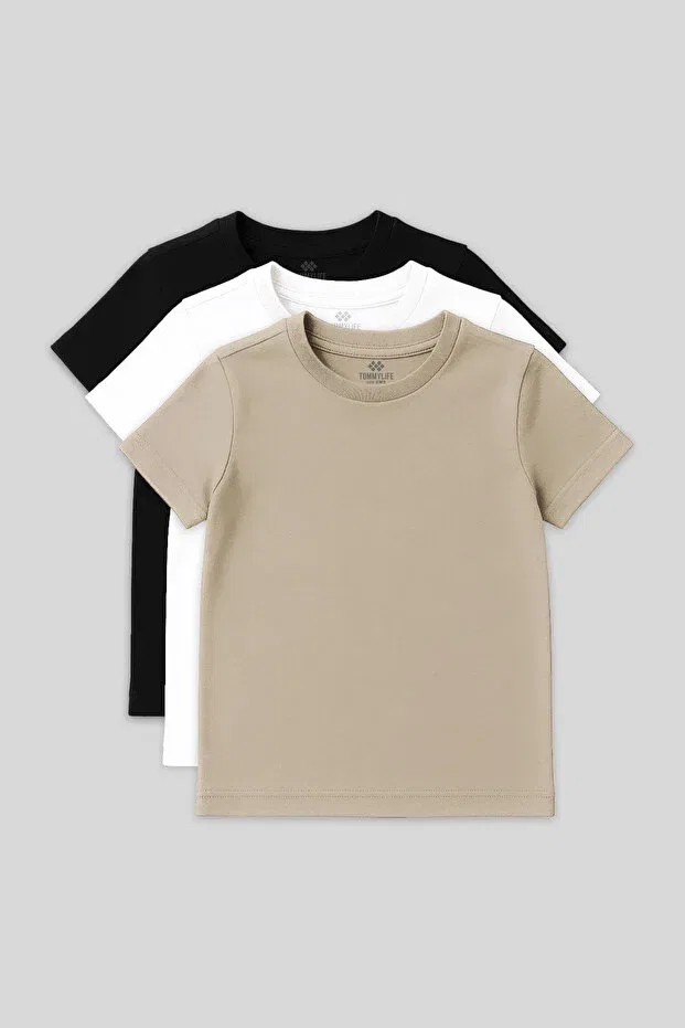 Детская футболка для девочек хлопковая комплект 3 шт Standard Fit Basic O Neck Tommy Life, Black White Beige