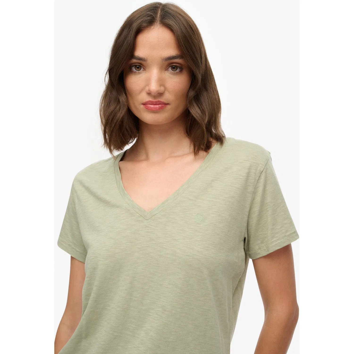 Женская хлопковая футболка с V-образным вырезом Superdry, Dusty Sage — фото 4
