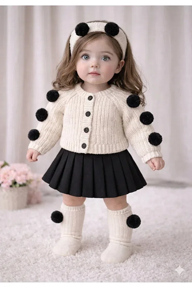 Детский комплект для девочек из трикотажа Pompom Cardigan, Skirt & Socks Mihrumay, Black