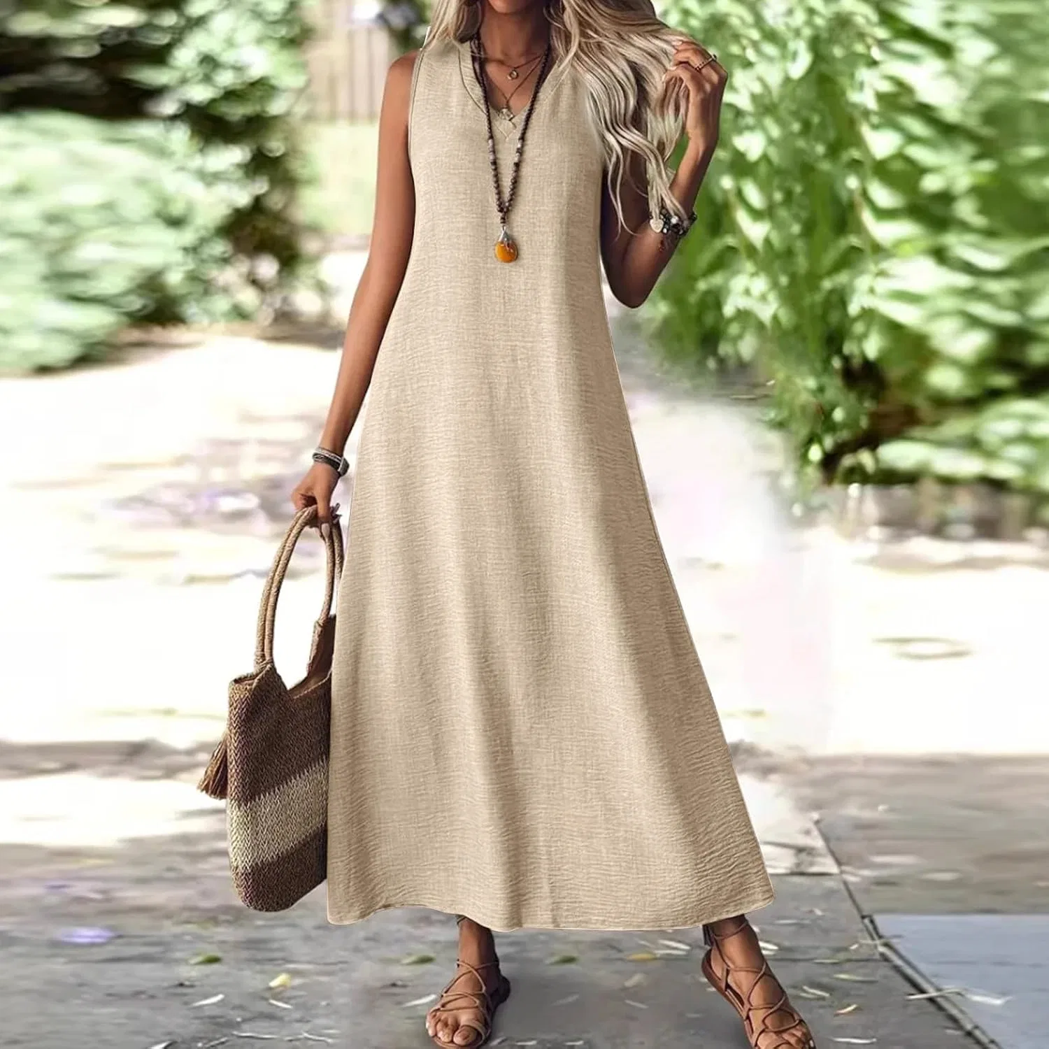 Женское свободное макси-платье с V-образным вырезом, Beige — фото 2