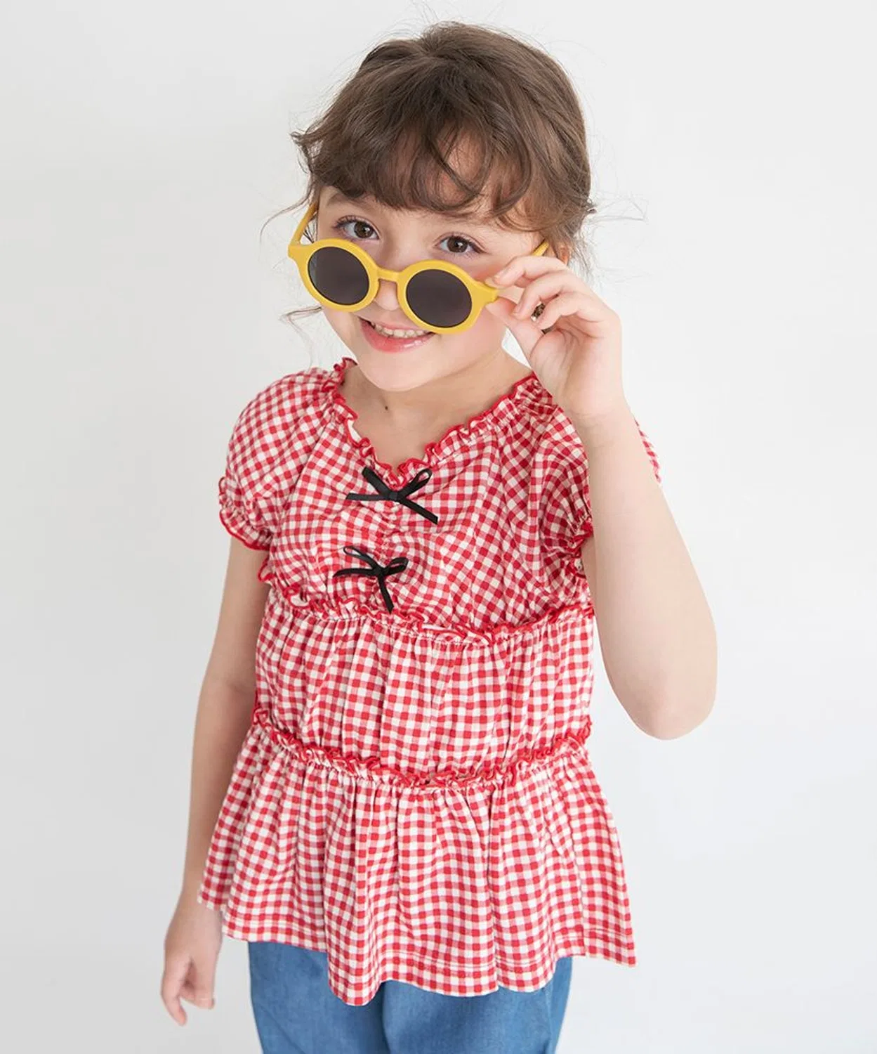 Детская футболка с воротником и принтом в клетку, модель Gingham, branshes, Red