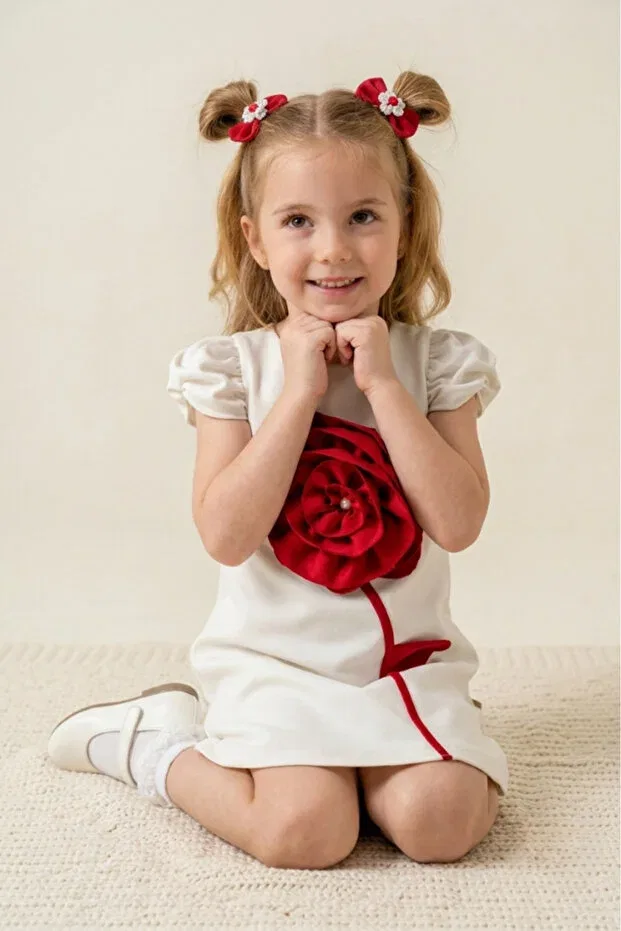 Детское платье для девочек с коротким рукавом Rose Detailed Eray Kids, White — фото 3