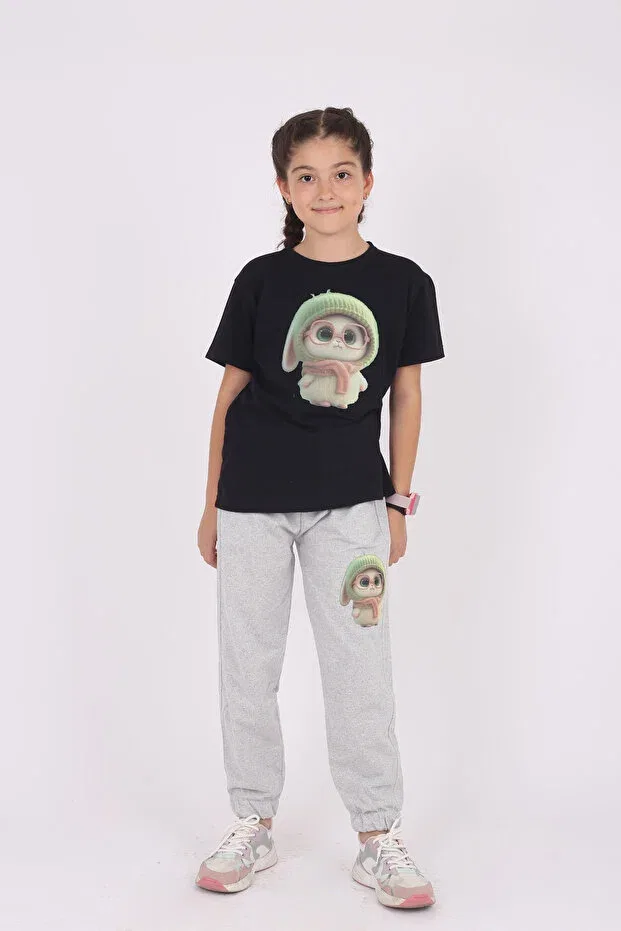 Детский комплект для девочек с принтом Cute Rabbit Print T-Shirt & Solid Bottom Girl's Set Cm Buseyiz, Black-Gray — фото 3