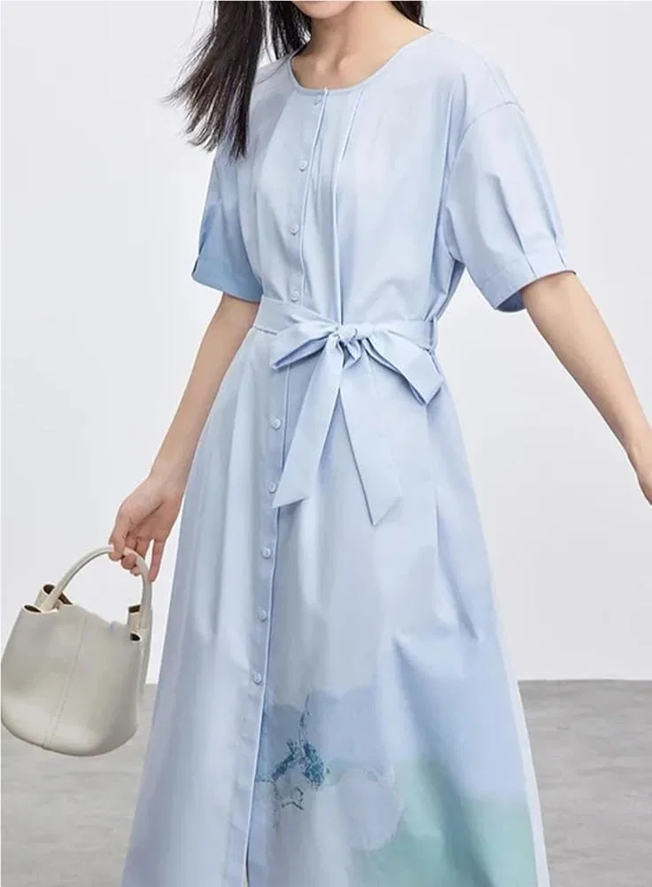 Женское платье-трапеция с запахом на пуговицах, рукав-фонарик, Sky Blue Dress — фото 3