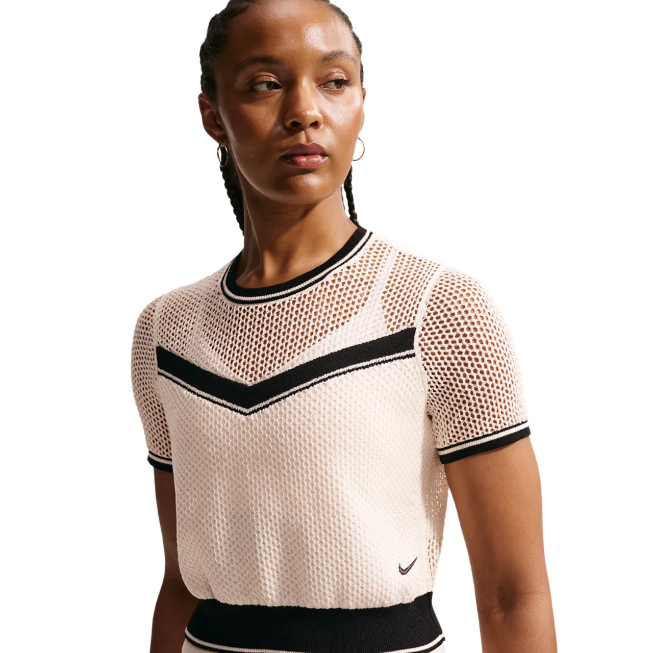 Женский топ с открытым трикотажем, укороченный, Nike NSW Chill Op Knit SS Crop Top, Chalk/Black/Black