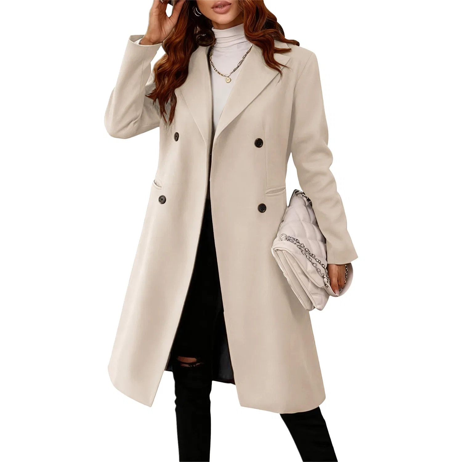 Женское зимнее пальто с двубортной застежкой и отложным воротником, Beige