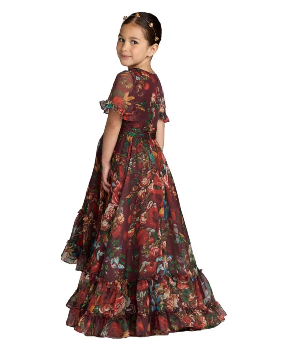 Платье-макси с воланами Big Girls 6-14 High Neck Ruffle Hi Low Gown Mac Duggal, Wine Multi — фото 2