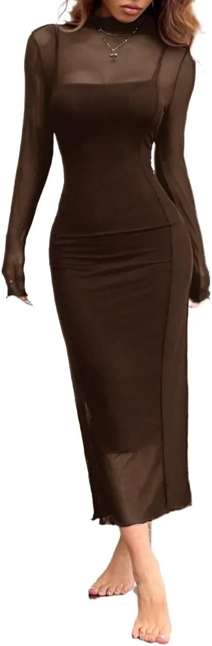 Женское платье миди с длинным рукавом bodycon, Brown