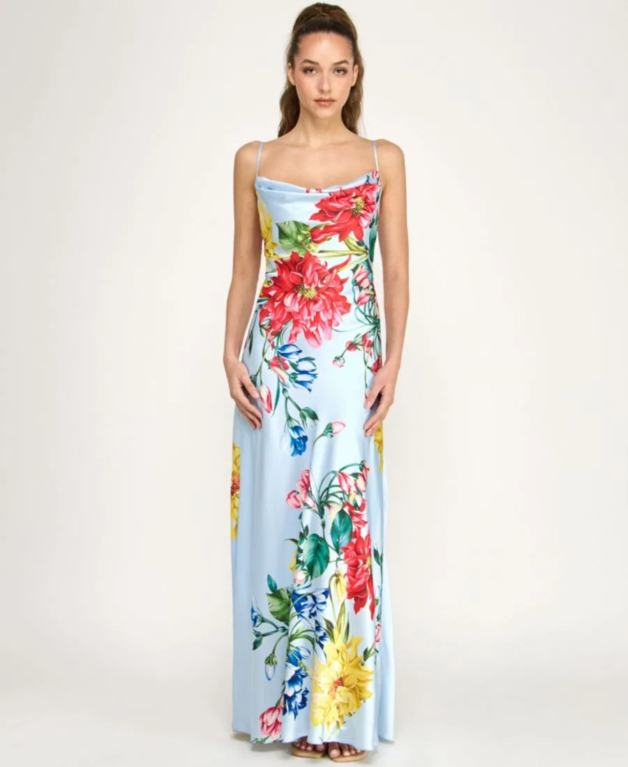 Платье-комбинация с запахом и принтом, модель Cowl Neck Printed Spaghetti Straps Satin Gown B Darlin, Lt Blue/Multi