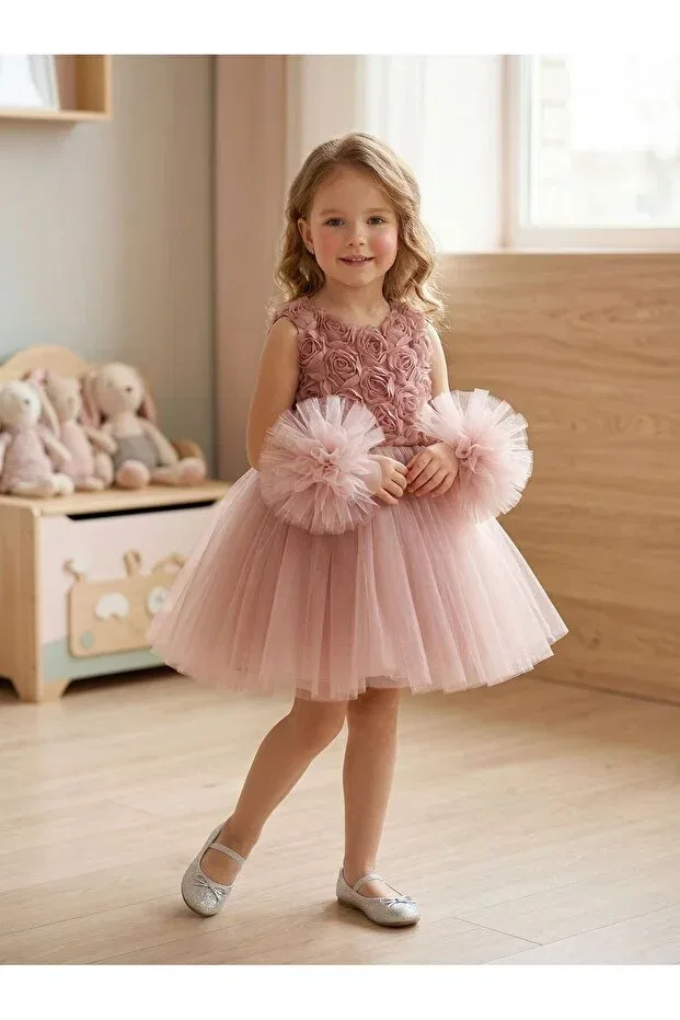 Детское платье для девочек с принтом Pompom sleeves rose patterned tulle party and birthday dress Delfini Kids, Powder