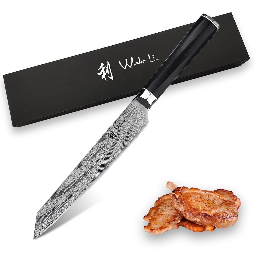 

Нож булатный Wakoli, нож для мяса, длина клинка 20,00 см - особо острый профессиональный кухонный нож из 73 слоев японского булата с сердечником AUS-10, рукоятью G10, поварской нож, серия Wakoli Kumo