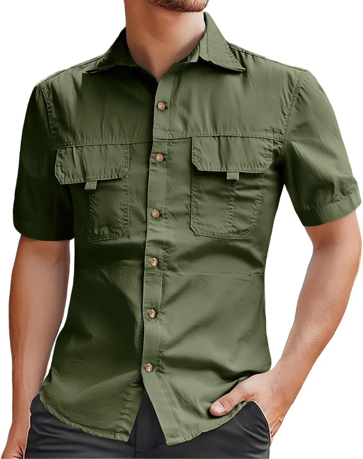 Мужская рубашка с коротким рукавом, с карманами, B- Army Green